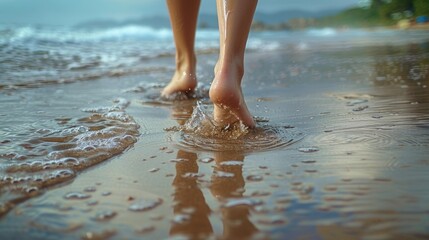 Woman's Barefoot Steps Leave Prints on Wet Shoreline Sand as She Walks Along the Beautiful Beach