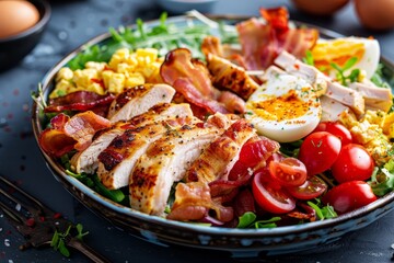 Classic American Cobb Salad Colorful main dish with bacon chicken eggs and tomato
