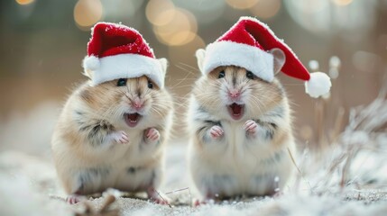 Two cheerful hamsters in Santa hats play in the snow, smile joyfully and dance in their holiday outfits. Christmas and New Year concept