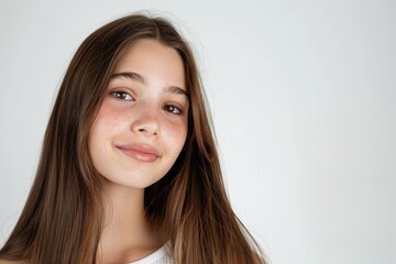 Naklejka premium Teen girl with long brown hair and clean skin portrait.