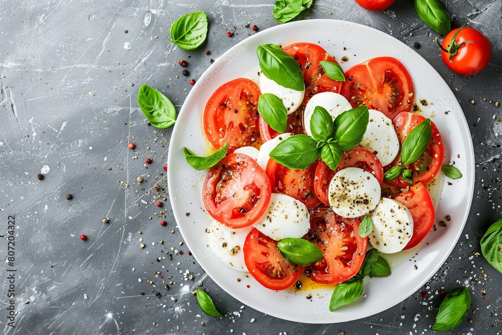 Wall mural Classic Italian caprese salad with tomato mozzarella and basil on white plate - Wall murals