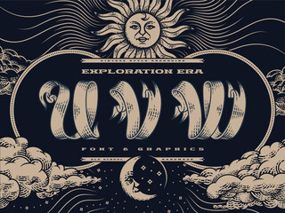 Decorative font set Exploration Era in vintage engraving style with illustrations of a sun, sky and clouds.
