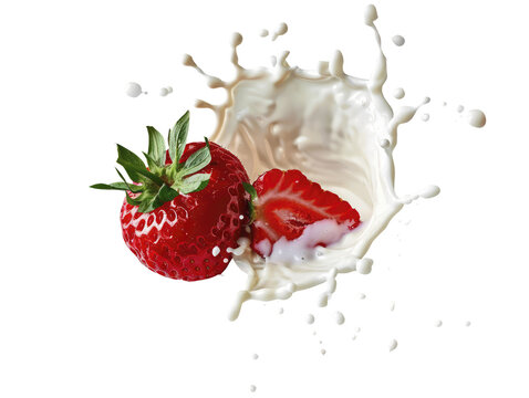 strawberries splash in yogurt on transparent background