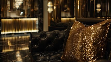 a black sofa adorned with opulent golden cushions, nestled within a modern interior, evoking the allure of Black Friday shopping with ample copy space for promotional banners.