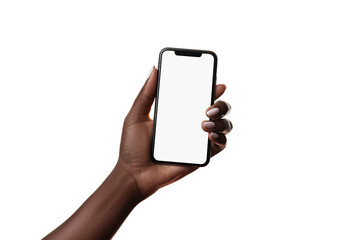 Woman Using a Smart Phone White Screen on a White Studio Backdrop. Close up Girl Hand Holding Mobile Phone Chroma Key Screen. African American Female is Showing, WhiteScreen Phone. Mock-Up Display