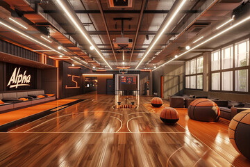 Futuristic basketball court interior with orange lighting and large windows
