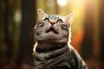 Fototapeta premium Medium shot portrait photography of a happy american shorthair cat begging for food over forest background
