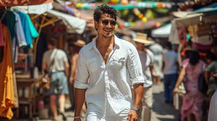 Obraz premium Smiling Young Man in White Shirt Walking Through Busy Outdoor Market 