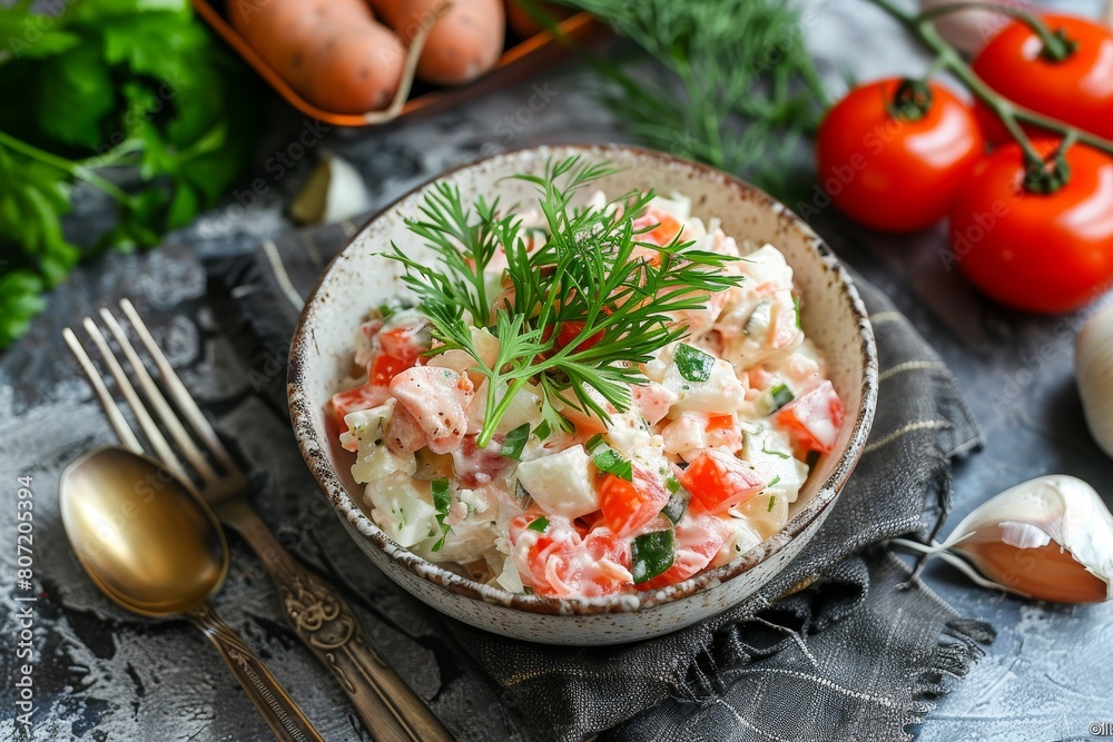 Poster Classic Russian salad Olivier Aerial view