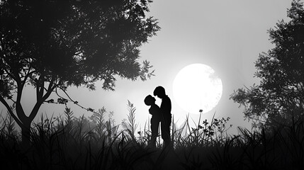 an illustration of a father loving his son in the meadow Happiness on isolated background