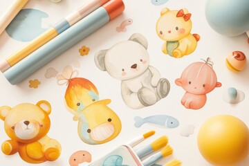 Children's illustration with different toys, happy childhood