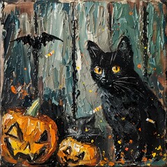 AI generated illustration of a Halloween black cat painting and two carved pumpkins