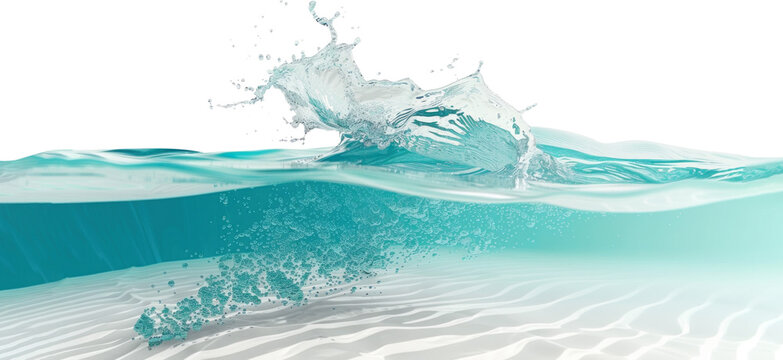 Turquoise sea surface and bottom splashing on transparent background