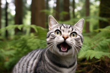 Medium shot portrait photography of a smiling american shorthair cat back-arching isolated in forest background
