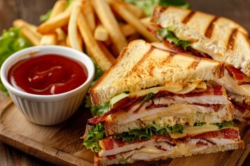 Close up macro photo of club sandwich on wood board with fries ketchup Chicken bacon cheese lettuce tomato filling