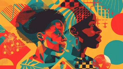 Two black women face each other in a vibrant painting