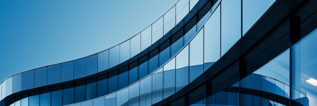 Architectural detail of a modern building with a sleek and curvy glass facade reflecting the sky