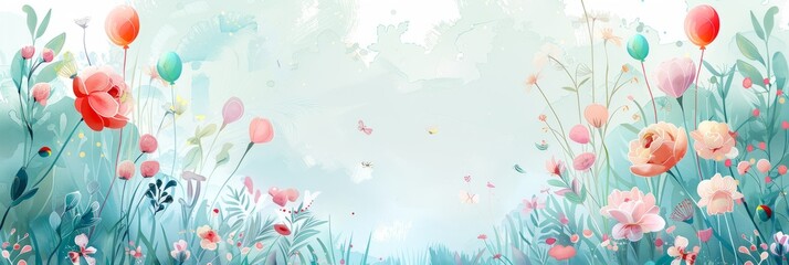 Children's illustration with a beautiful meadow with different wildflowers and colorful balloons, banner