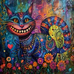 AI generated illustration of a Cheshire Cat cat surrounded by a variety of vibrant flowers
