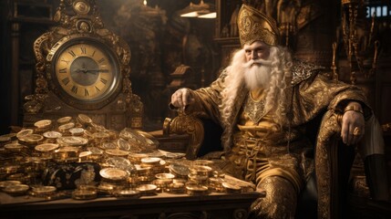 King Midas in opulent palace realizing golden touch consequences - obrazy, fototapety, plakaty