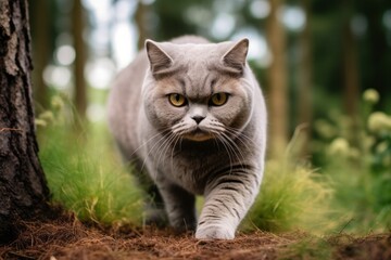 Obraz premium Medium shot portrait photography of a happy british shorthair cat belly showing in front of forest background