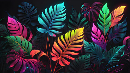 Multicolored tropical leaves backlight neon. Abstract background with palm and tropical leaves, neon