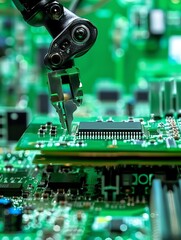 Robotic arm holding manufacturing semiconductor on green background