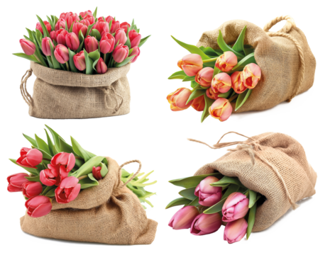 Fresh tulip bouquets in burlap sacks. Assorted fresh tulip bouquets elegantly presented in rustic burlap sacks, isolated on a transparent background  perfect for spring themes