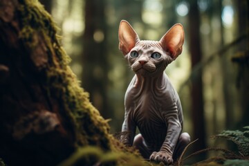Lifestyle portrait photography of a cute sphynx cat investigating over forest background