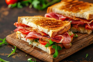 Close up of club sandwich with bacon salami prosciutto and vegetables on wooden board