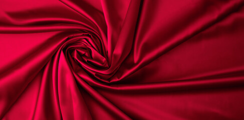 Red satin luxury fabric with swirl curl wave pattern