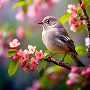 petit oiseau au printemps dans les arbres fruitiers en fleurs,Oiseau pinson des arbre sur une branche au printemps avec bourgeons et feuilles,generate ai
