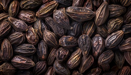 Close up of numerous dried tonka beans with food background