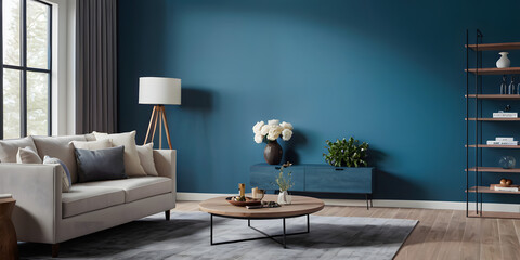 The Mock up furniture design in modern interior and blue background, living room