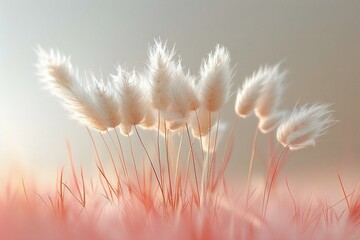 Close up of white fluffy grass flowers on pink background,  Nature background
