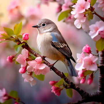petit oiseau au printemps dans les arbres fruitiers en fleurs,Oiseau pinson des arbre sur une branche au printemps avec bourgeons et feuilles,generate ai
