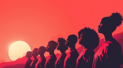 Diverse group united in front of a vibrant sunset, symbolizing resilience and freedom