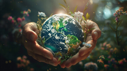 Gentle care for our planet: Human hands with Earth and flowers. Ecological relief and environmental healing concept