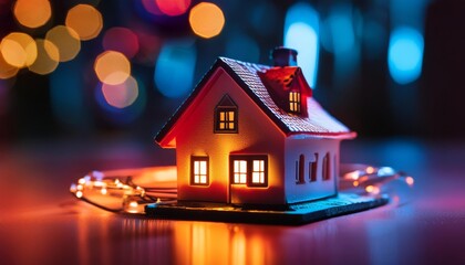 Enchanting model home glowing warmly amidst a dreamlike backdrop of colorful bokeh lights, creating a cozy atmosphere.