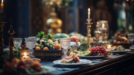 Fototapeta premium Banquet at Greek merchant's opulent gathering exotic delicacies ornate decor lively entertainment