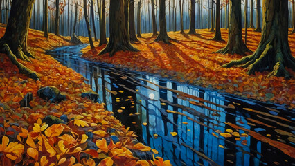 Colorful autumn forest.Fall season with red yellow and orange colors.painting of colorful trees.
