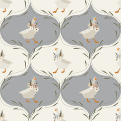 Geese in damask grid vector seamless pattern with daisies and leaves. Retro vector wallpaper. Flat cute illustrations background