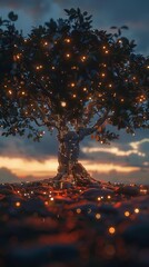 Outdoor tree wrapped in fairy lights at sunset