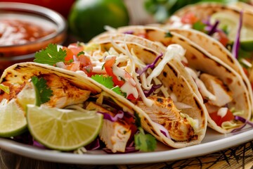 Closeup photo of Mexican chicken taco with tortillas cabbage slaw cheese salsa cream sauce lime Angled focus shot