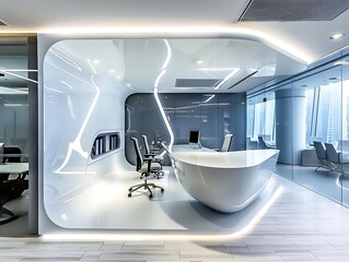 Futuristic office space with sleek, modern design and innovative tech gadgets. White interior with plants.