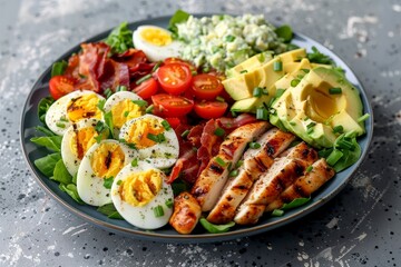 Cobb salad main dish American garden salad with chopped greens bacon chicken eggs avocado chives Roquefort Top view