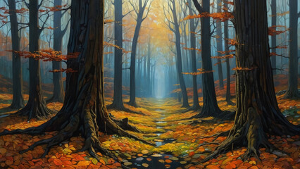 Colorful autumn forest.Fall season with red yellow and orange colors.painting of colorful trees.
