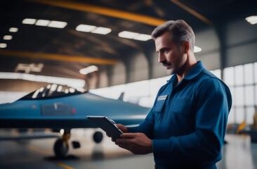 A male car mechanic checks the aircraft's instruments by looking at a tablet. modern technologies