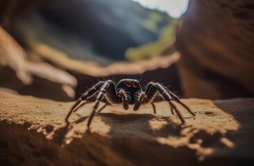 Close-up of a golden spider in a sandy landscape. natural habitat - Powered by Adobe