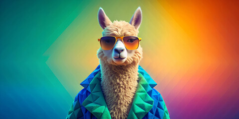 Fototapeta premium The stylized llama wears a blue coat with a geometric pattern and fashionable orange sunglasses. Against a bright rainbow gradient background, the llama's expression exudes cool confidence.AI generate